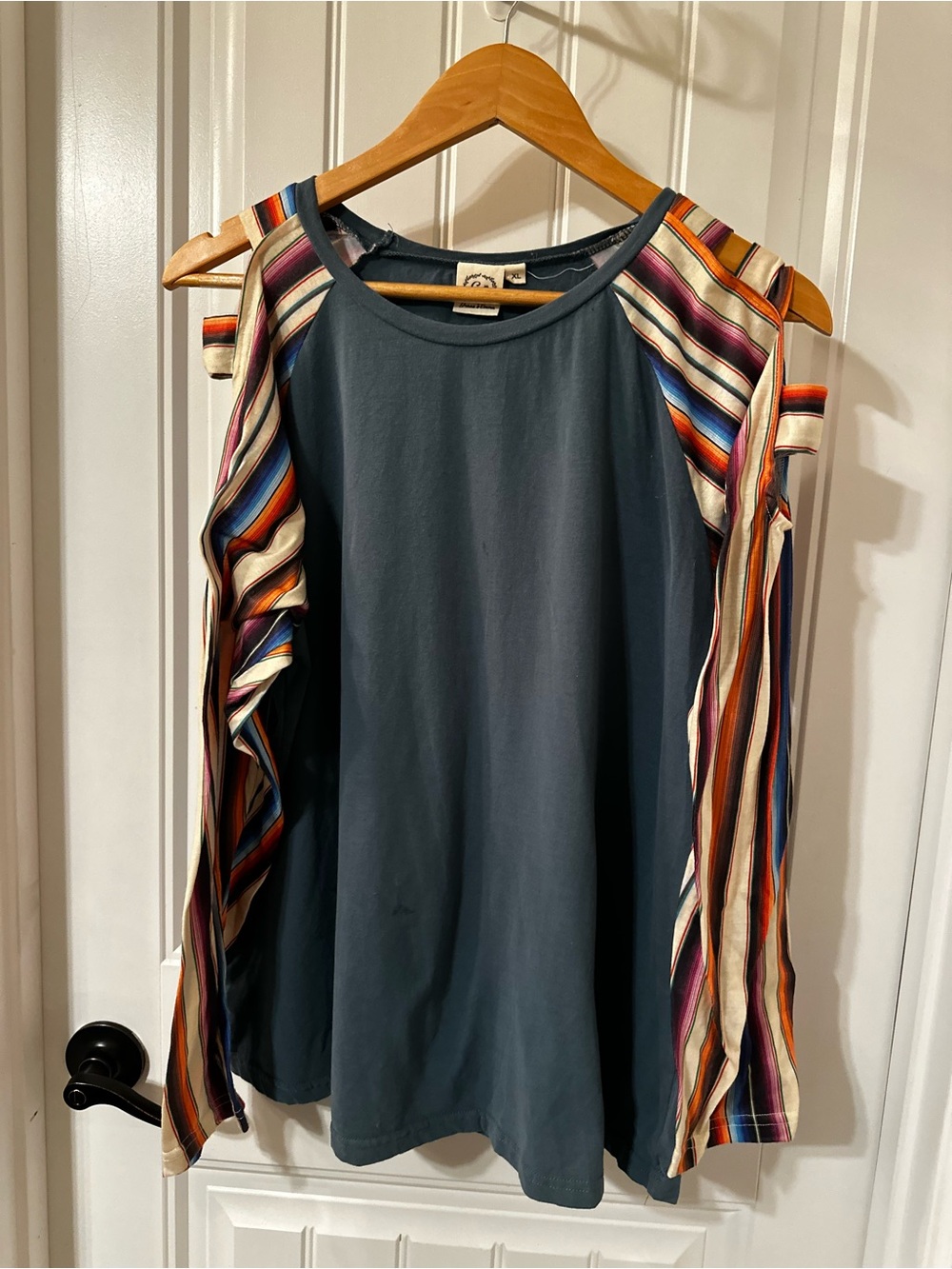 Womens Slate Blue Cold-Shoulder Top with Striped Sleeve Accents
